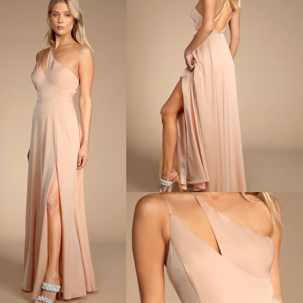 Lulu's Steal My Heart Champagne Satin Asymmetrical Maxi Dress Pink | Small
